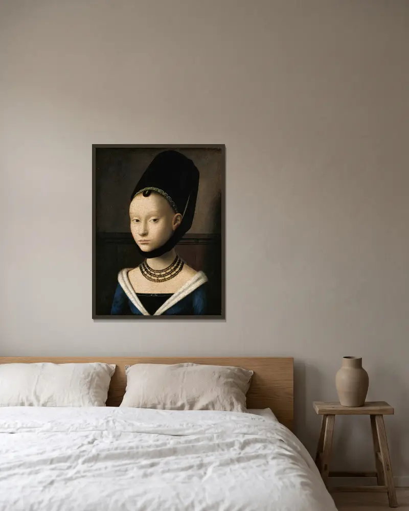 Portrait of a Young Woman av Petrus Christus inramad på en vägg