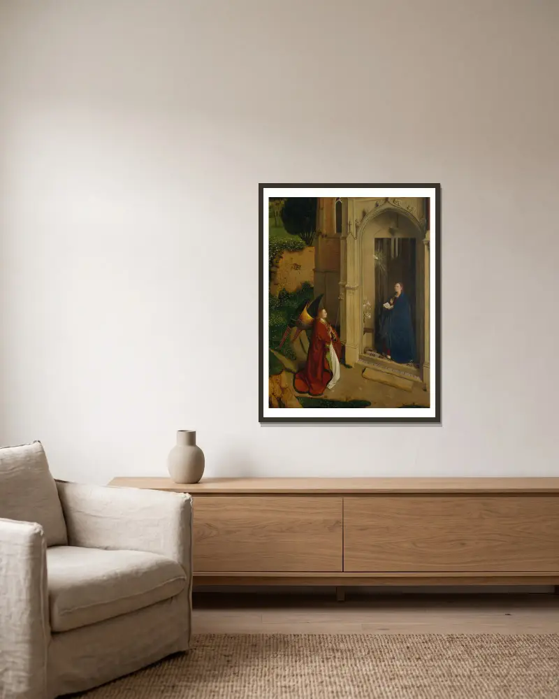Verkündigung, 1450 von Petrus Christus gerahmt an einer Wand