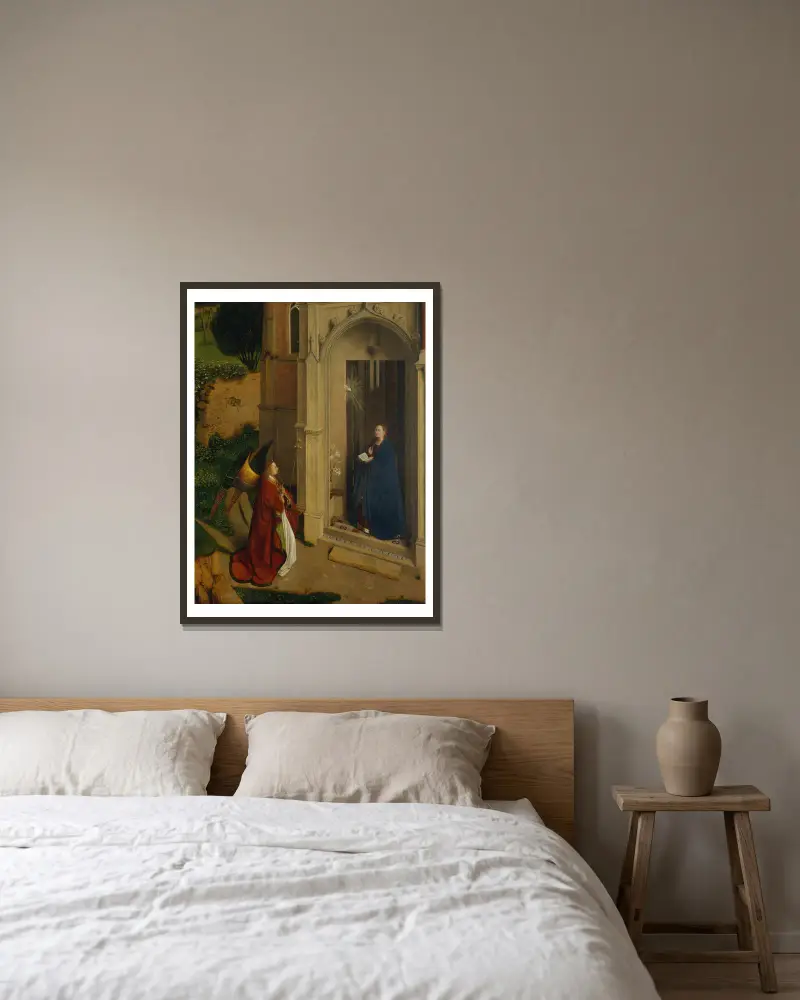 Verkündigung, 1450 von Petrus Christus gerahmt an einer Wand