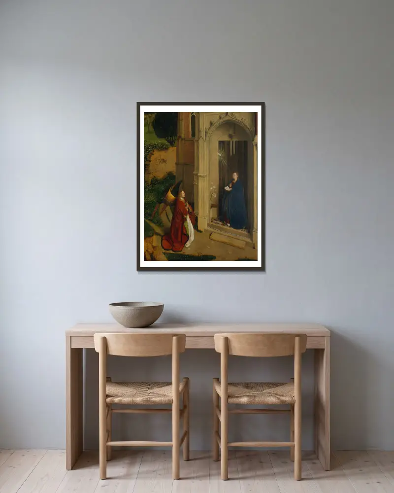 Verkündigung, 1450 von Petrus Christus gerahmt an einer Wand