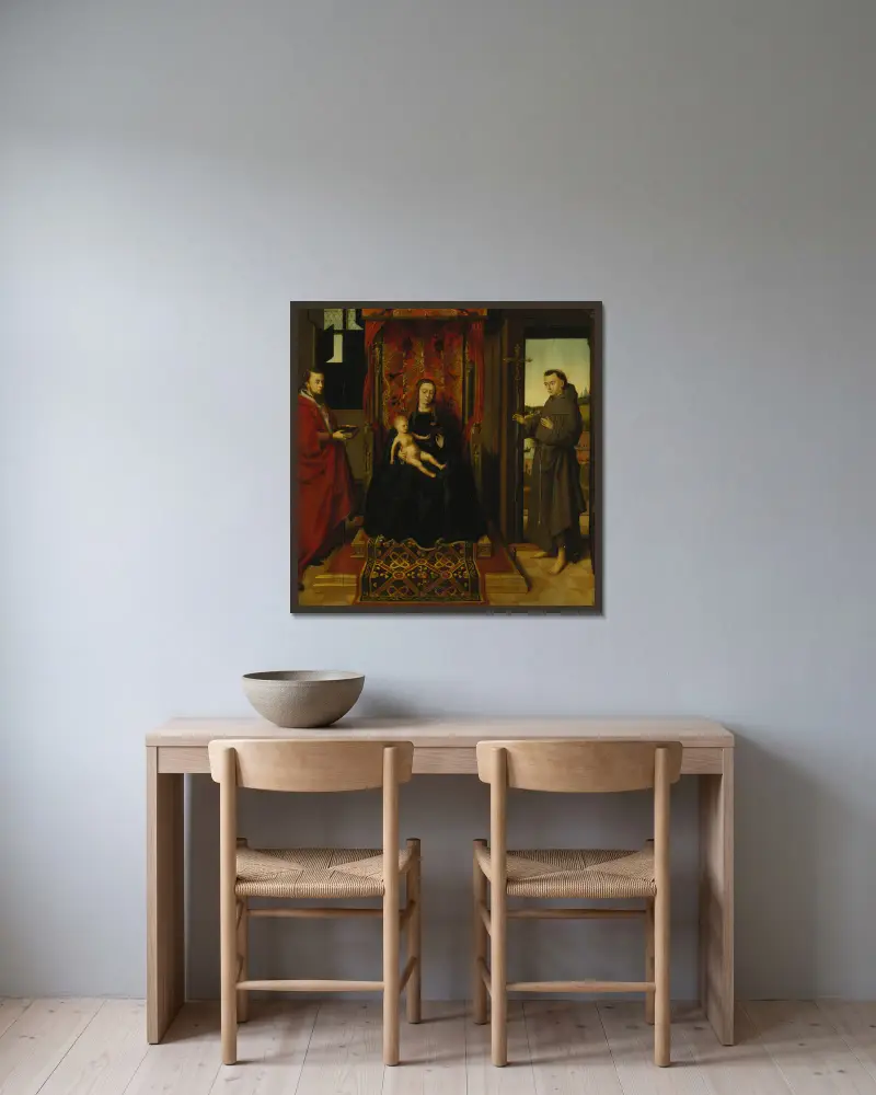 Jungfrau mit Kind und den Heiligen Hieronymus und Franziskus von Petrus Christus gerahmt an einer Wand