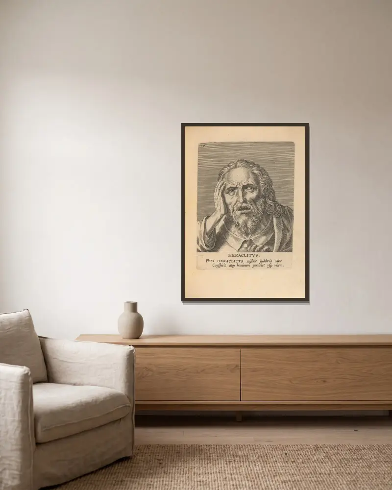 Heraklit von Philip Galle gerahmt an einer Wand
