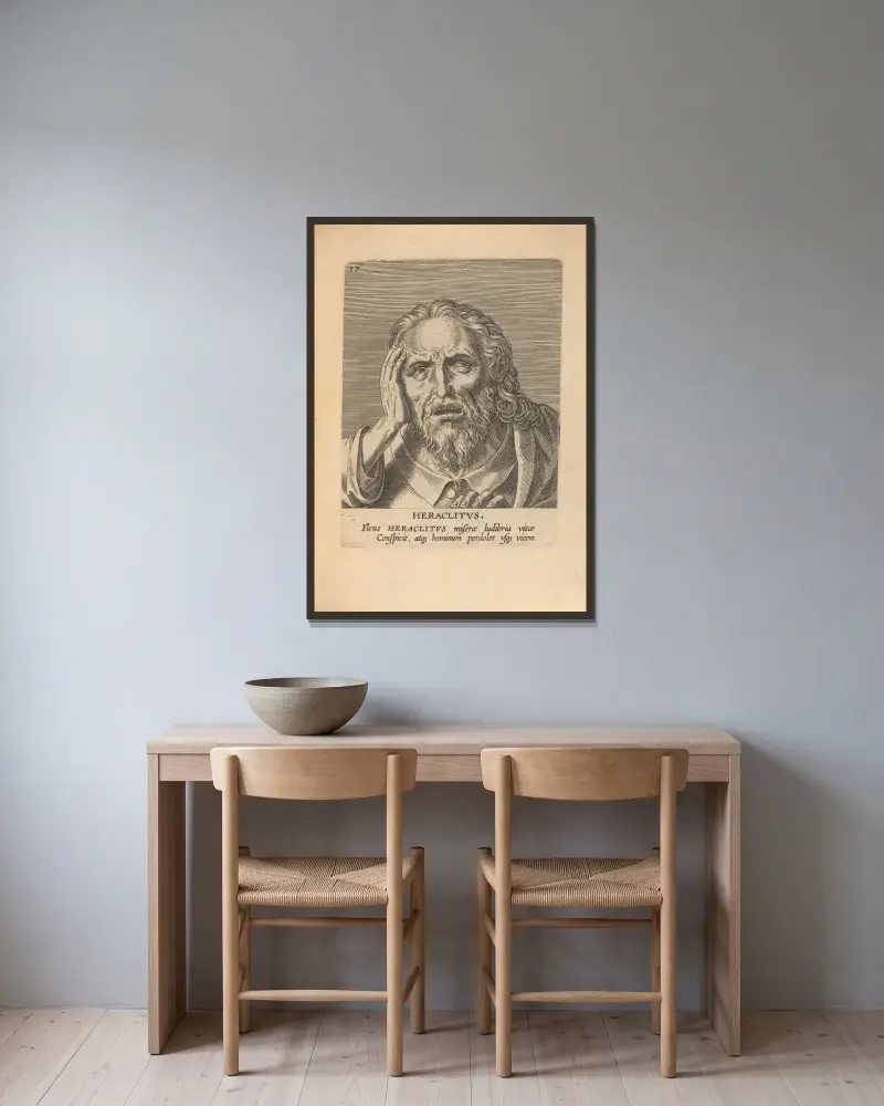 Heraklit von Philip Galle gerahmt an einer Wand