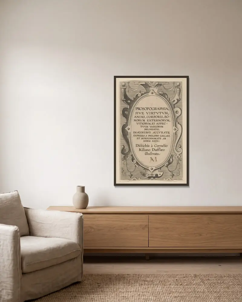 Prosopographia – Title Page av Philip Galle inramad på en vägg