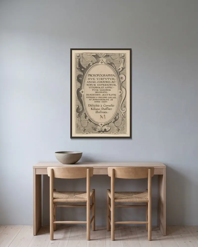 Prosopographia – Title Page av Philip Galle inramad på en vägg