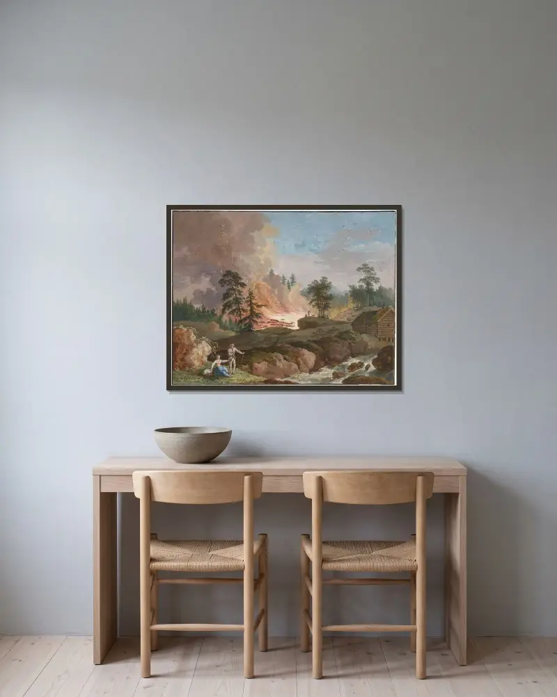 Ett landskap i Sverige med bönder som bränner skog och ett par som vilar vid en bäck av Jacob Philipp Hackert inramad på en vägg