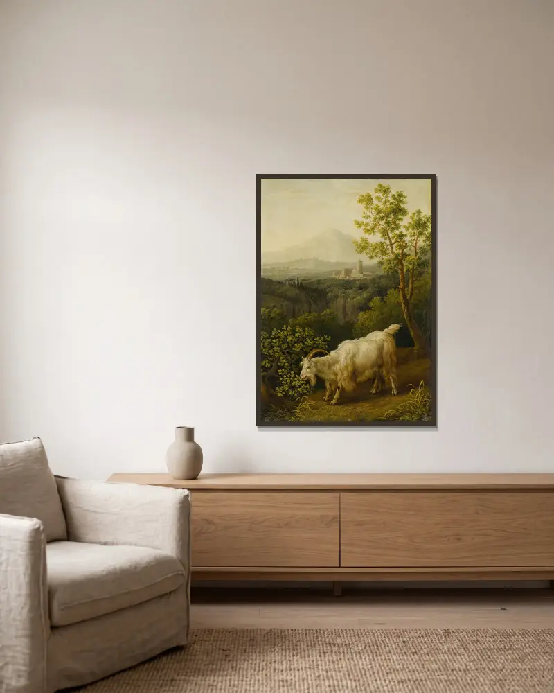 Ein Ziegenbock in italienischer Landschaft von Jacob Philipp Hackert gerahmt an einer Wand