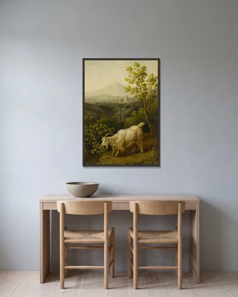 Ein Ziegenbock in italienischer Landschaft von Jacob Philipp Hackert gerahmt an einer Wand