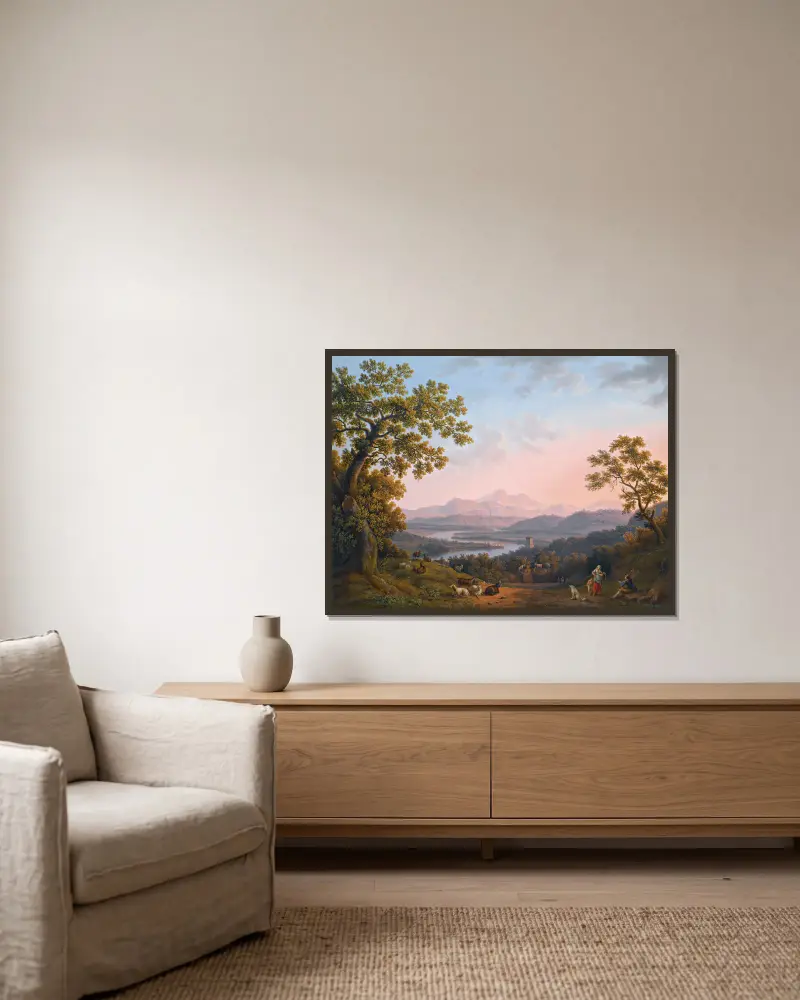 A View Along The Valley Of The River Tiber Towards Poggio Mirteto, And Beyond The Sabine Mountains Lit Up By The Evening Sun av Jacob Philipp Hackert inramad på en vägg