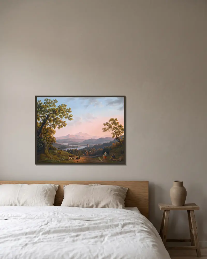 A View Along The Valley Of The River Tiber Towards Poggio Mirteto, And Beyond The Sabine Mountains Lit Up By The Evening Sun av Jacob Philipp Hackert inramad på en vägg