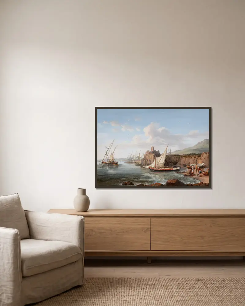 Blick auf Aci Castello von Jacob Philipp Hackert gerahmt an einer Wand