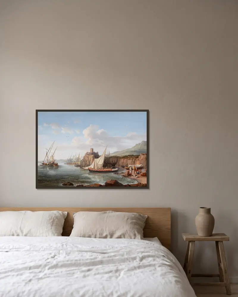 Blick auf Aci Castello von Jacob Philipp Hackert gerahmt an einer Wand