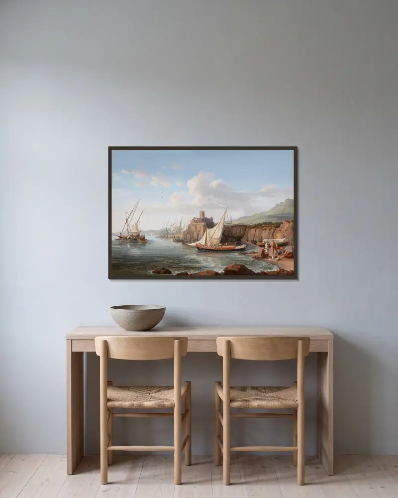Blick auf Aci Castello von Jacob Philipp Hackert gerahmt an einer Wand