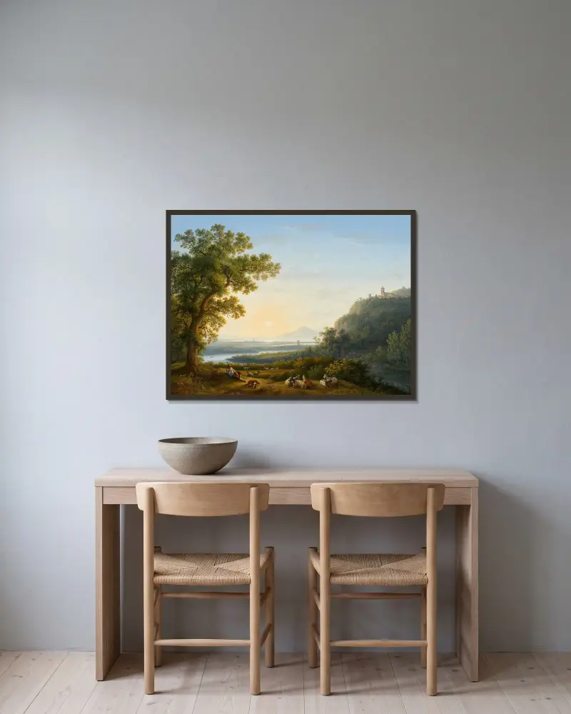 Krajina s řekou, Jacob Philipp Hackert v rámu na stěně