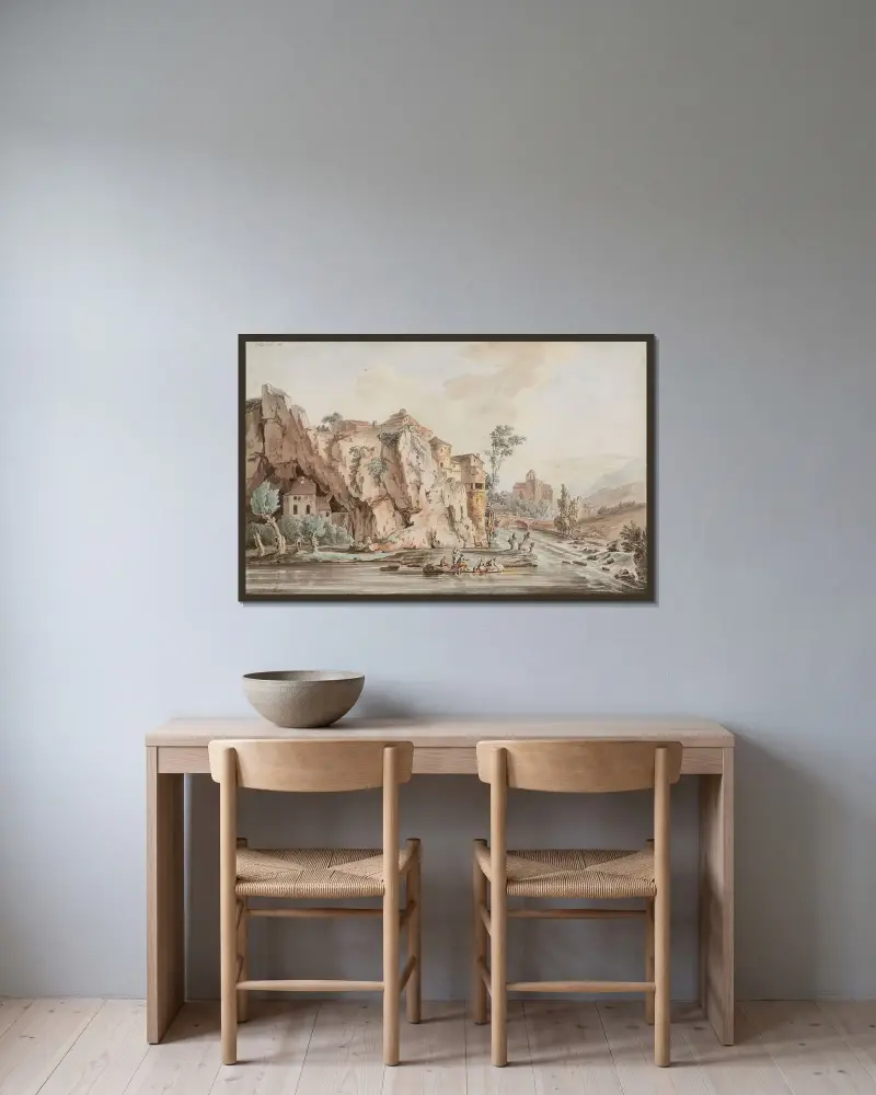Landskap nära Vaucluse i de franska sjöalperna av Jacob Philipp Hackert inramad på en vägg