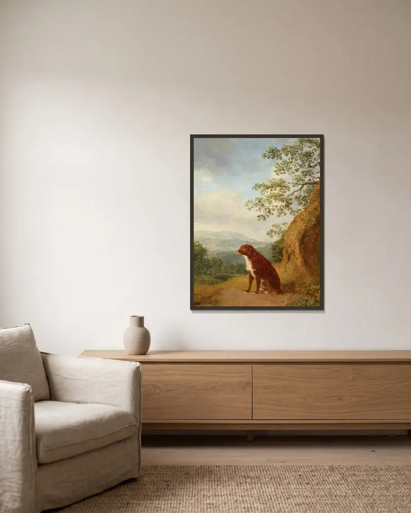 Sitzender Hund in Landschaft von Jacob Philipp Hackert gerahmt an einer Wand