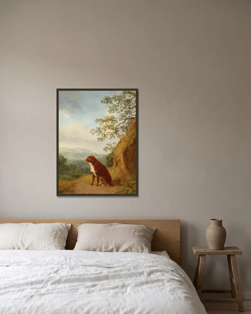 Sitzender Hund in Landschaft von Jacob Philipp Hackert gerahmt an einer Wand