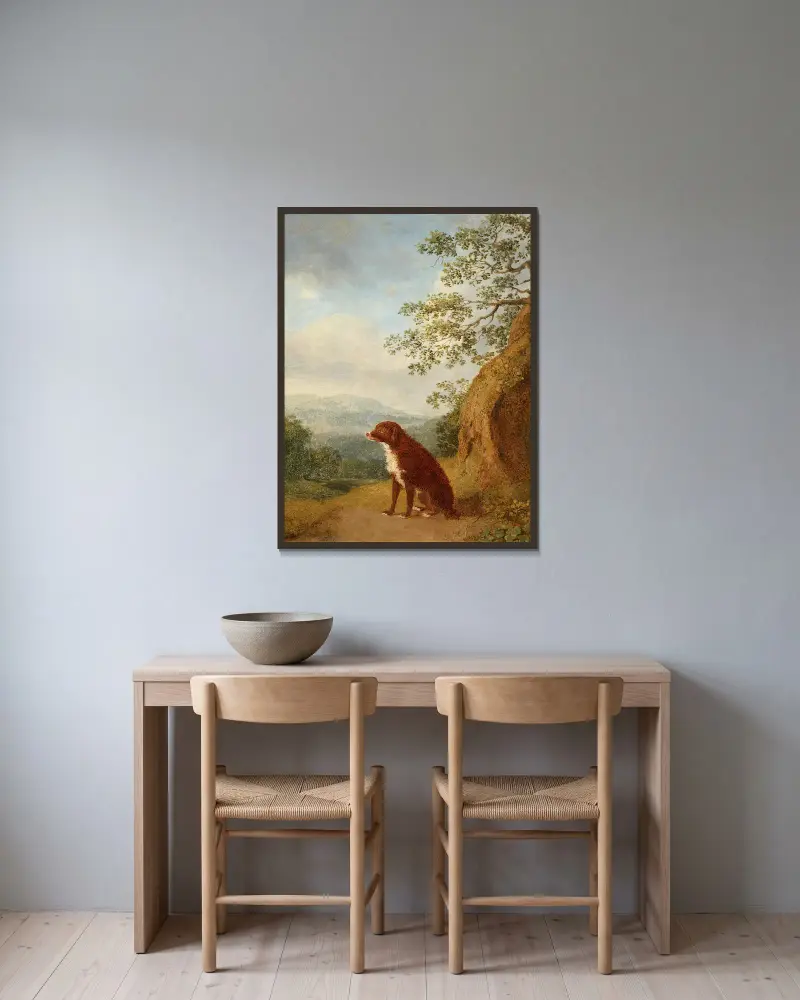 Sitzender Hund in Landschaft von Jacob Philipp Hackert gerahmt an einer Wand