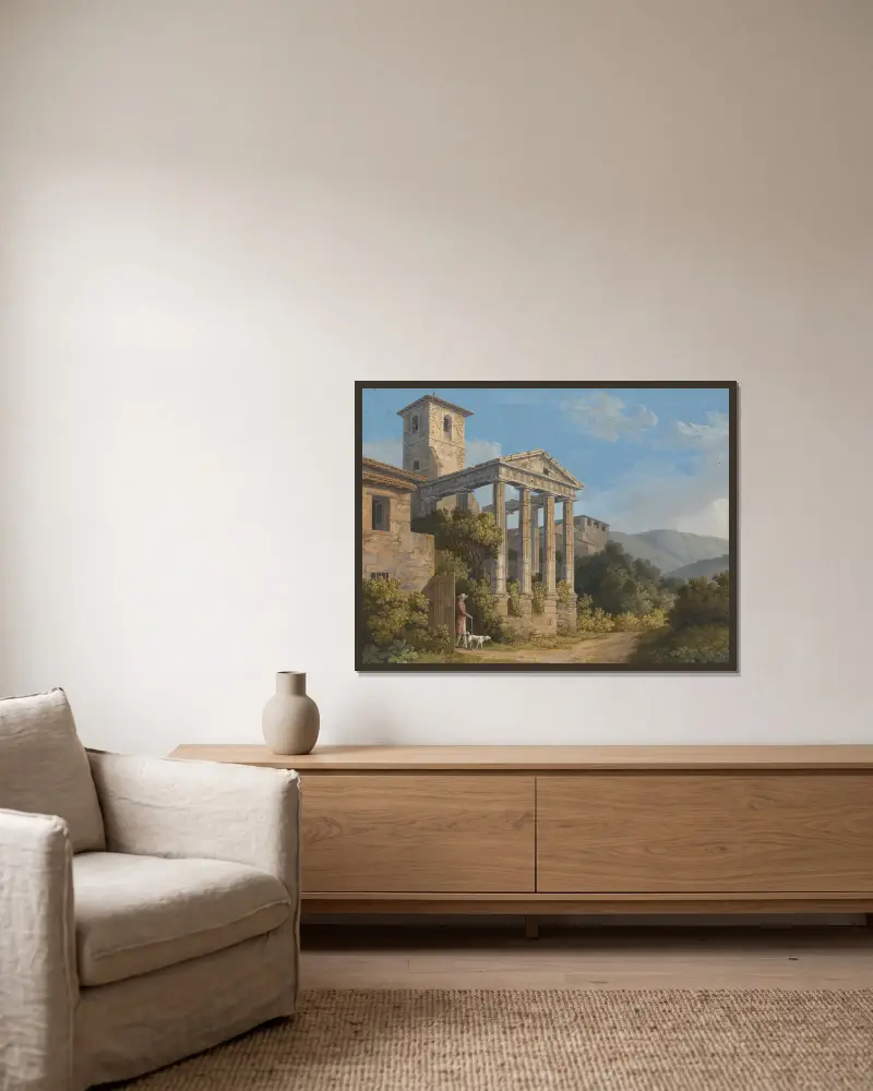 The Temple of Hercules in Cori near Velletri av Jacob Philipp Hackert inramad på en vägg
