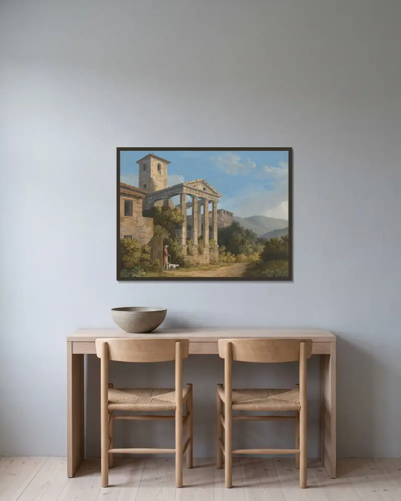 The Temple of Hercules in Cori near Velletri av Jacob Philipp Hackert inramad på en vägg