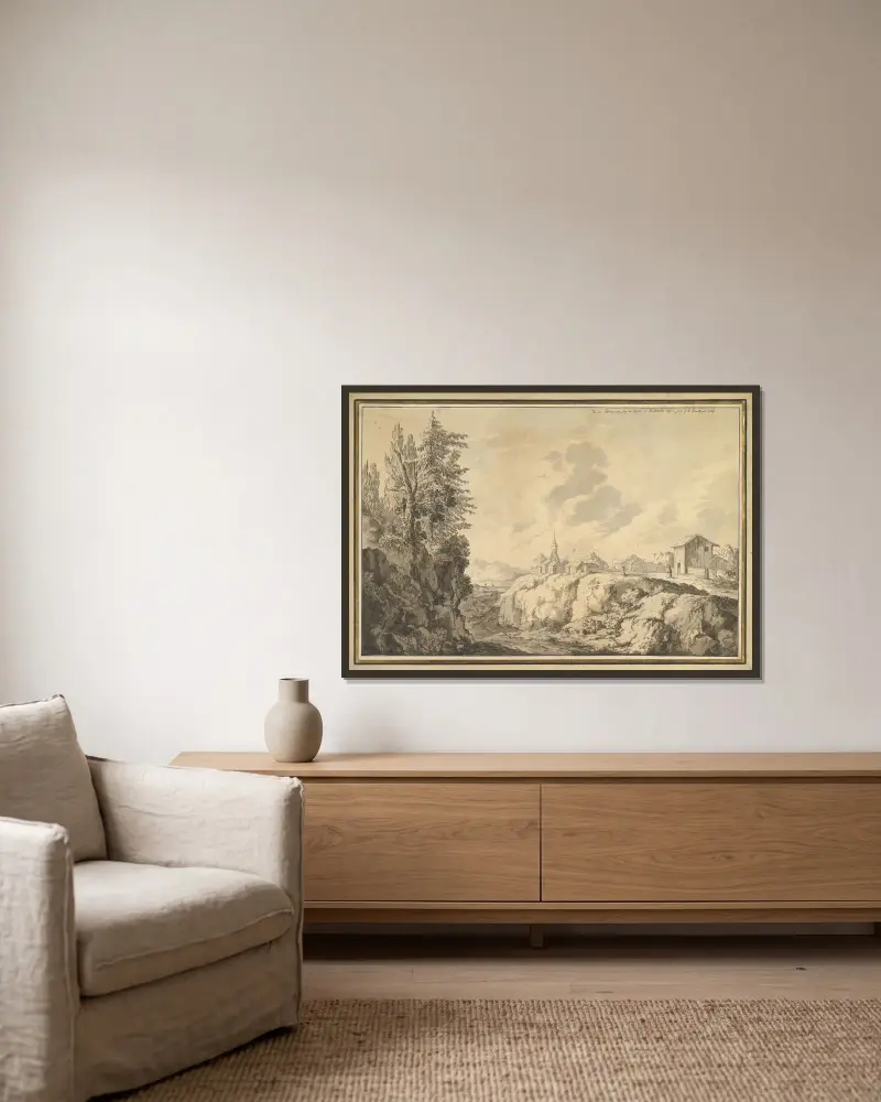Blick auf Svenarum in der Provinz Småland, Schweden von Jacob Philipp Hackert gerahmt an einer Wand