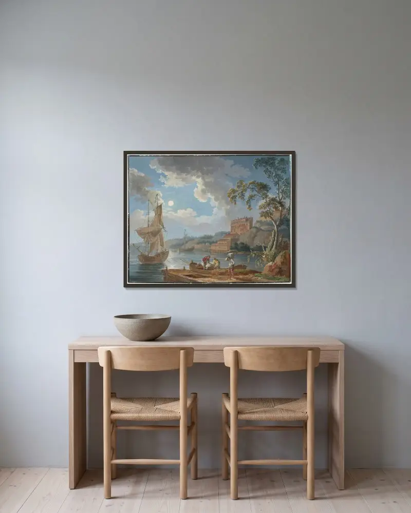 Widok na fabrykę porcelany Marieberg pod Sztokholmem, z łodziami i rybakami, Jacob Philipp Hackert w ramie na ścianie