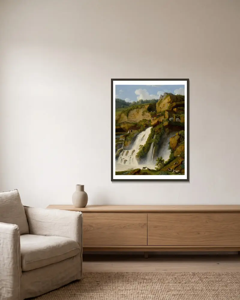View of the Waterfall at Anitrella with Goats grazing nearby av Jacob Philipp Hackert inramad på en vägg