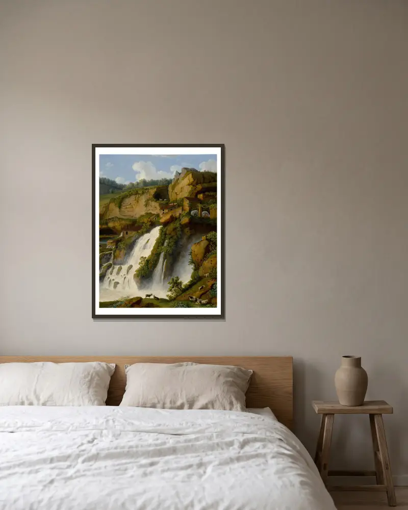 View of the Waterfall at Anitrella with Goats grazing nearby av Jacob Philipp Hackert inramad på en vägg