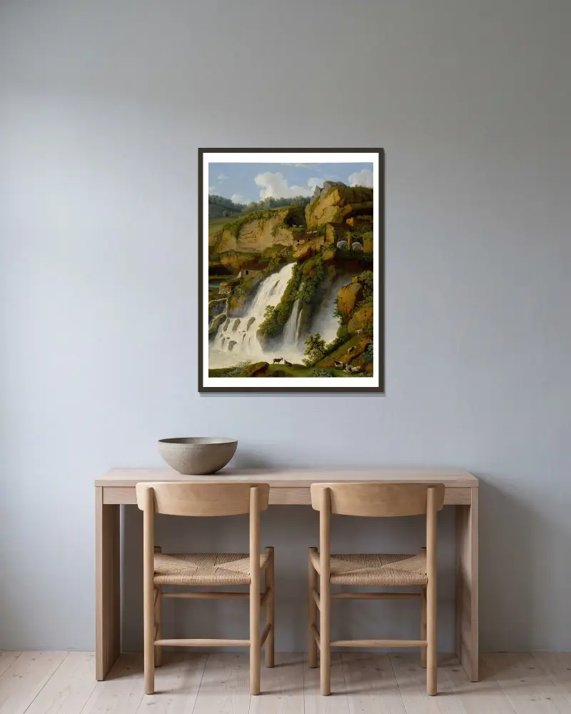 View of the Waterfall at Anitrella with Goats grazing nearby av Jacob Philipp Hackert inramad på en vägg