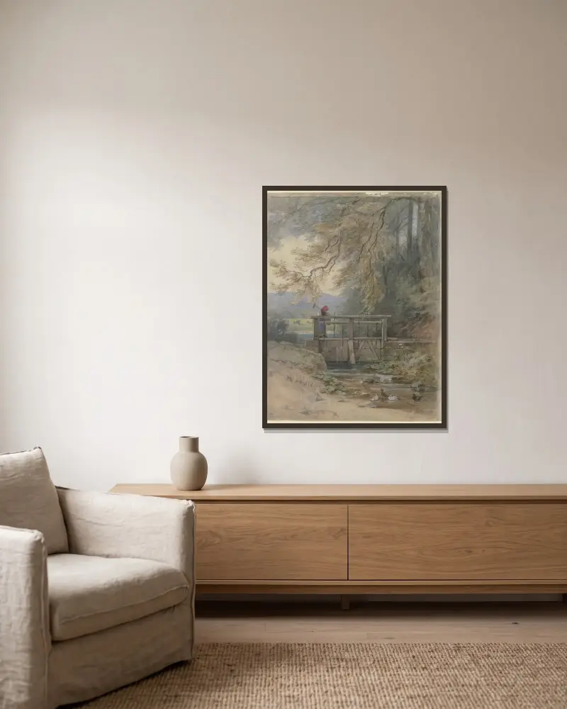 Waldlandschaft mit Wehr von Philipp Rumpf gerahmt an einer Wand