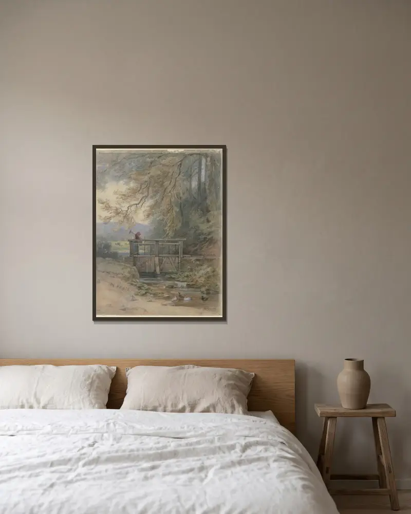 Waldlandschaft mit Wehr von Philipp Rumpf gerahmt an einer Wand