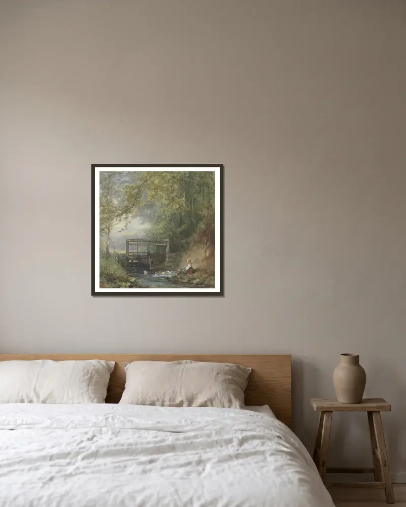 Gänsehirtin an einer Schleuse von Philipp Rumpf gerahmt an einer Wand
