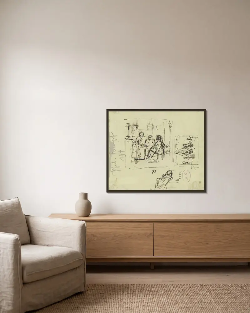 Studienblatt; Personen, an einem Tisch sitzend, und andere Szenen av Philipp Rumpf inramad på en vägg