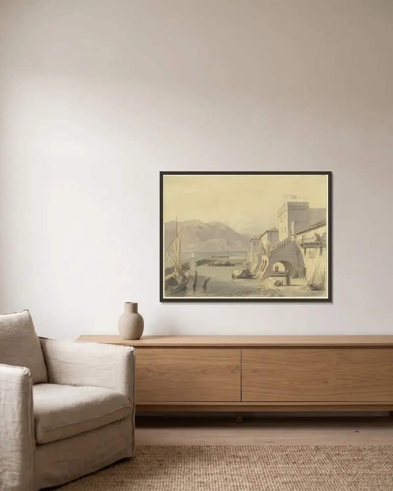 Oberitalienischer Hafen von Philipp Rumpf gerahmt an einer Wand