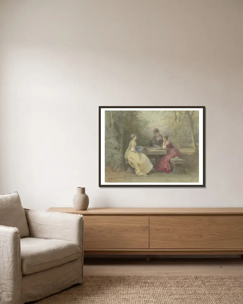 Vorlesung im Park, drei junge Damen in Watteau'schem Kostüm um einen Steintisch sitzend (Laube am Sandhof bei Niederrad) von Philipp Rumpf gerahmt an einer Wand