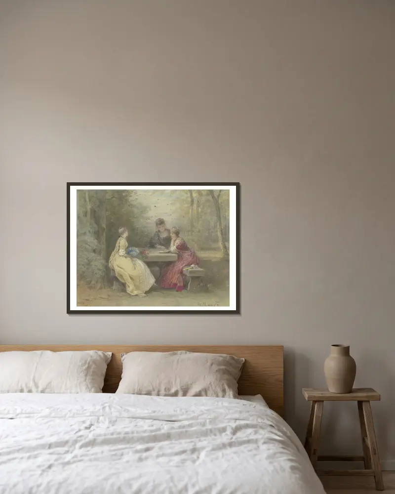 Vorlesung im Park, drei junge Damen in Watteau'schem Kostüm um einen Steintisch sitzend (Laube am Sandhof bei Niederrad) von Philipp Rumpf gerahmt an einer Wand