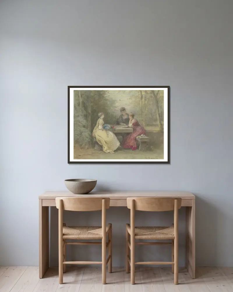Vorlesung im Park, drei junge Damen in Watteau'schem Kostüm um einen Steintisch sitzend (Laube am Sandhof bei Niederrad) von Philipp Rumpf gerahmt an einer Wand