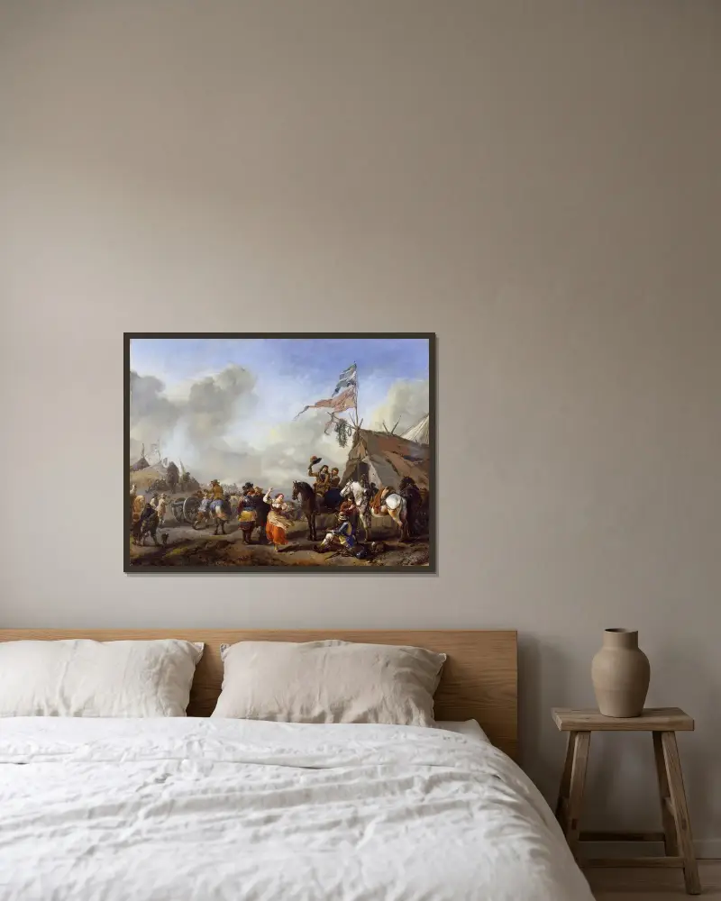 Ein Lagerszenario von Philips Wouwerman gerahmt an einer Wand