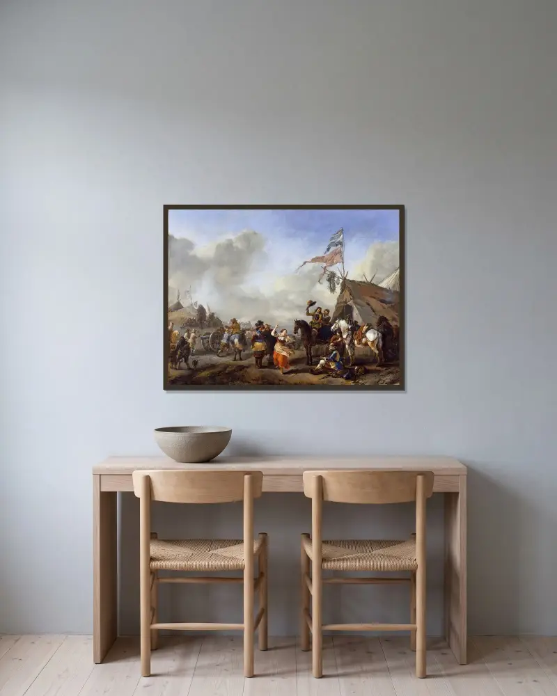 Ein Lagerszenario von Philips Wouwerman gerahmt an einer Wand