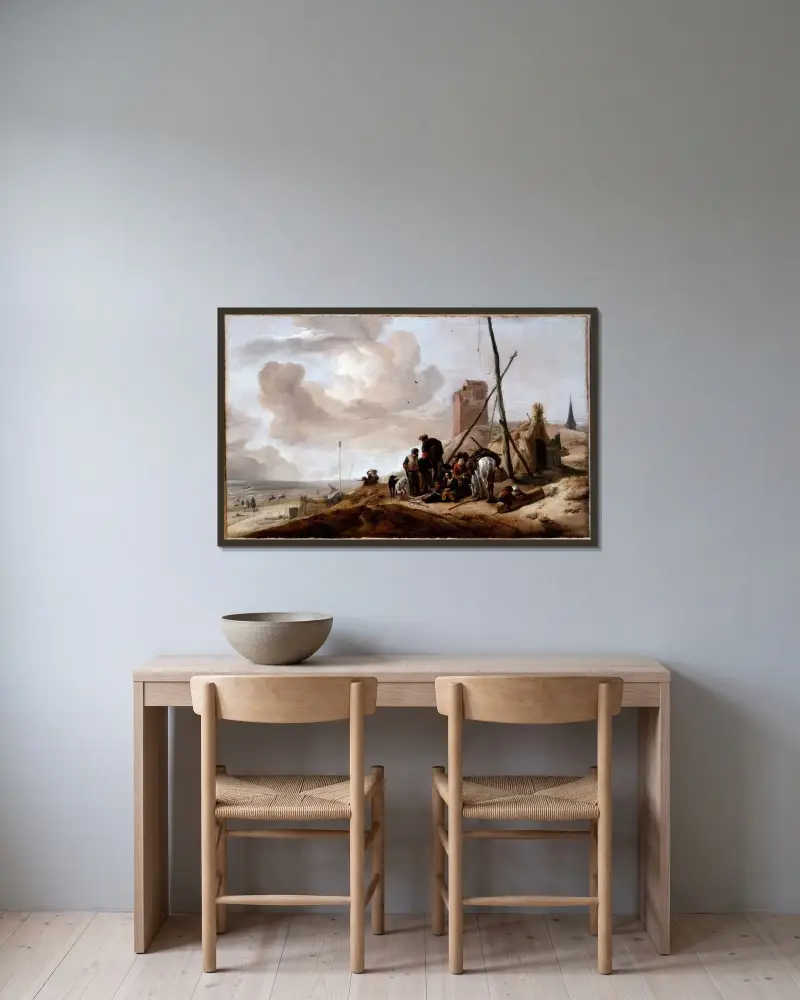 En kustscen av Philips Wouwerman inramad på en vägg