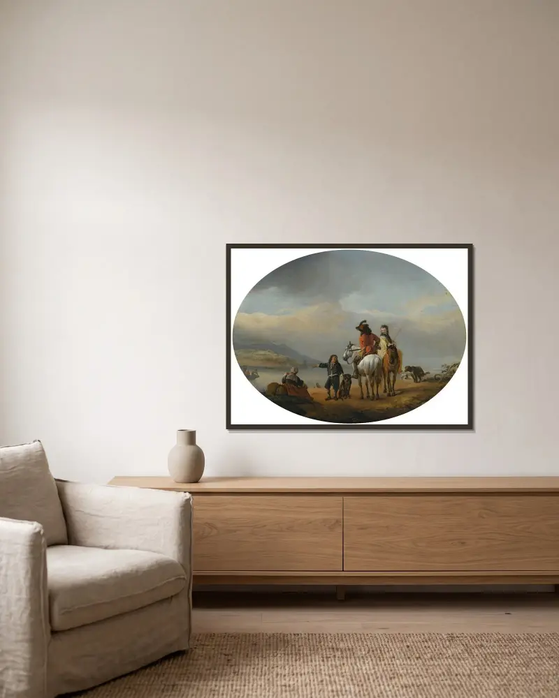 En dam och en herre till häst visas för en annalkande färja av en ung page av Philips Wouwerman inramad på en vägg