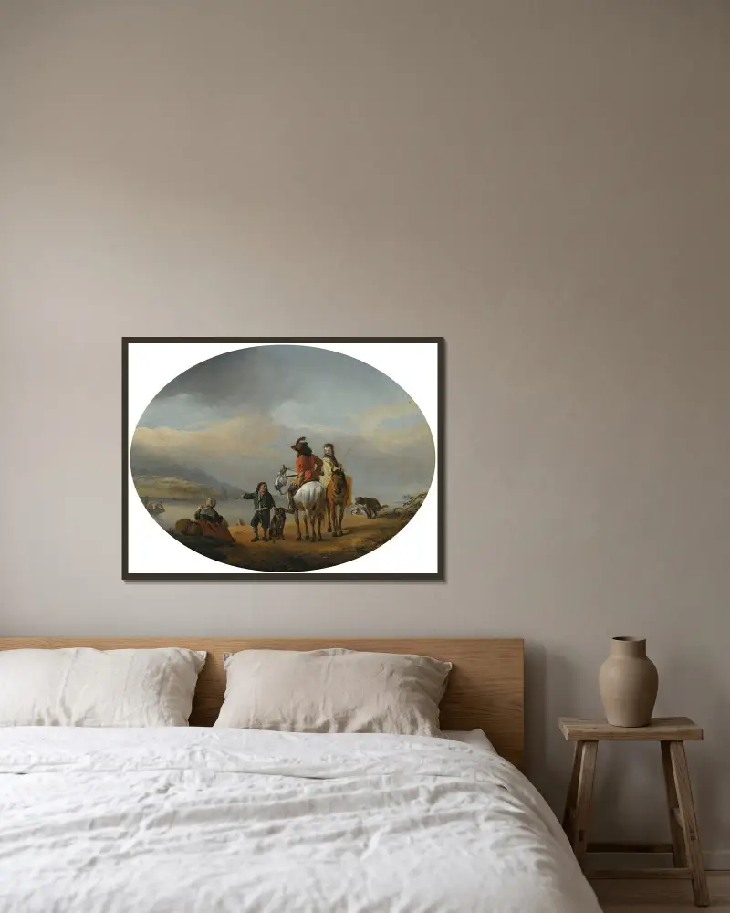 En dam och en herre till häst visas för en annalkande färja av en ung page av Philips Wouwerman inramad på en vägg