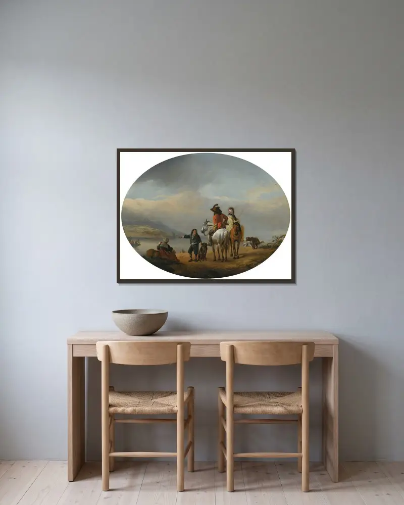 En dam och en herre till häst visas för en annalkande färja av en ung page av Philips Wouwerman inramad på en vägg