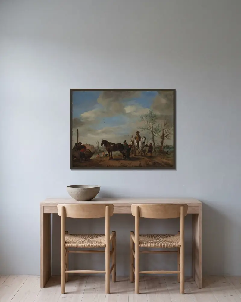 Mann und Frau zu Pferd von Philips Wouwerman gerahmt an einer Wand