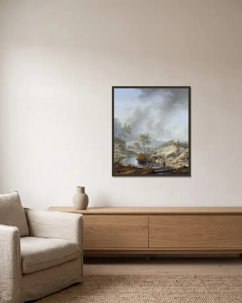 Ein Bach in hügeliger Landschaft von Philips Wouwerman gerahmt an einer Wand