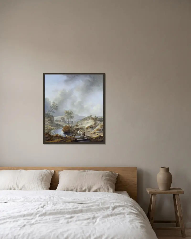 Ein Bach in hügeliger Landschaft von Philips Wouwerman gerahmt an einer Wand