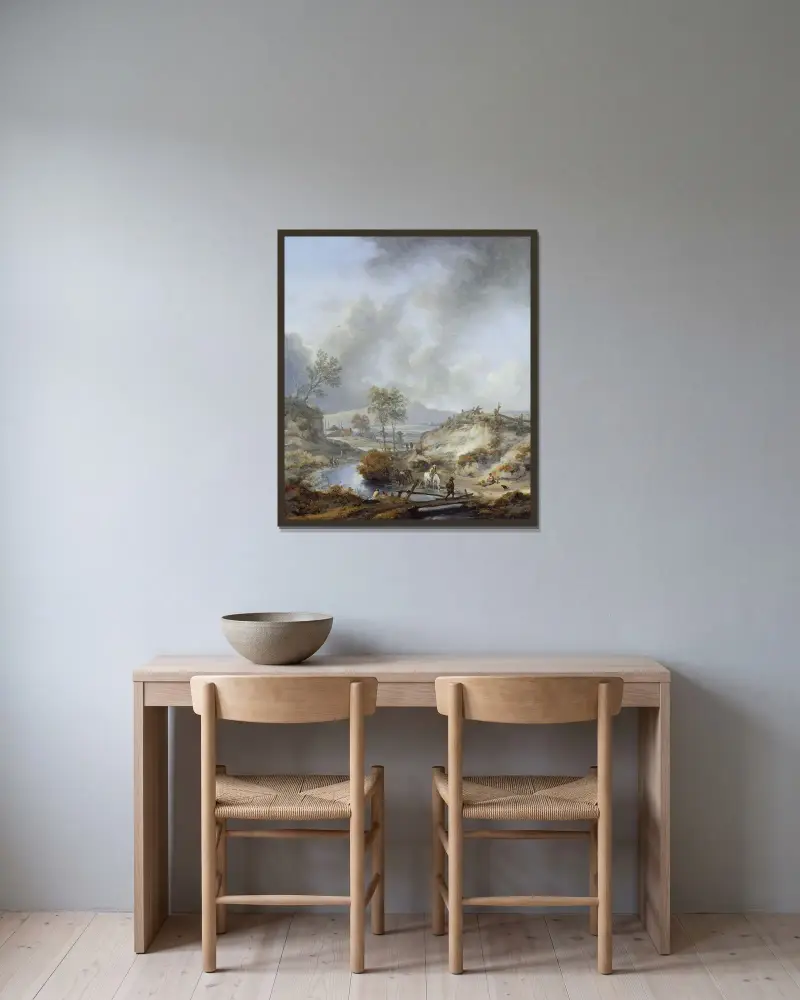 Ein Bach in hügeliger Landschaft von Philips Wouwerman gerahmt an einer Wand