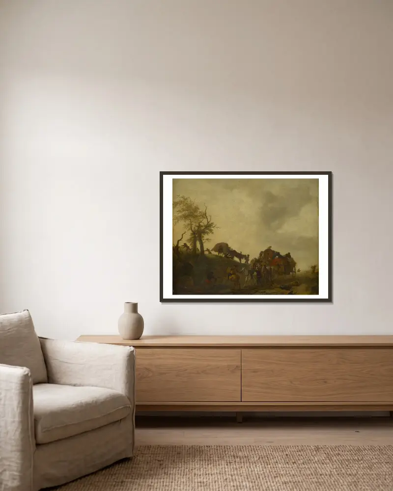 Ein Überfall auf Reisende von Philips Wouwerman gerahmt an einer Wand