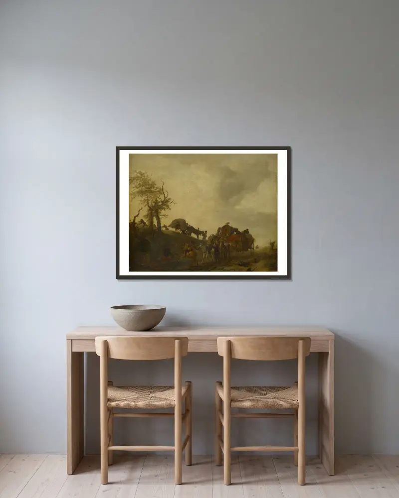 Ein Überfall auf Reisende von Philips Wouwerman gerahmt an einer Wand