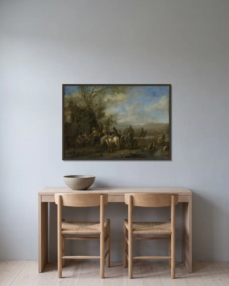 Armed Riders in Front of an Inn av Philips Wouwerman inramad på en vägg
